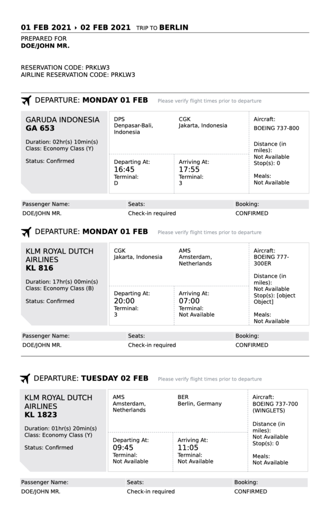 Fake Flight Itinerary Template