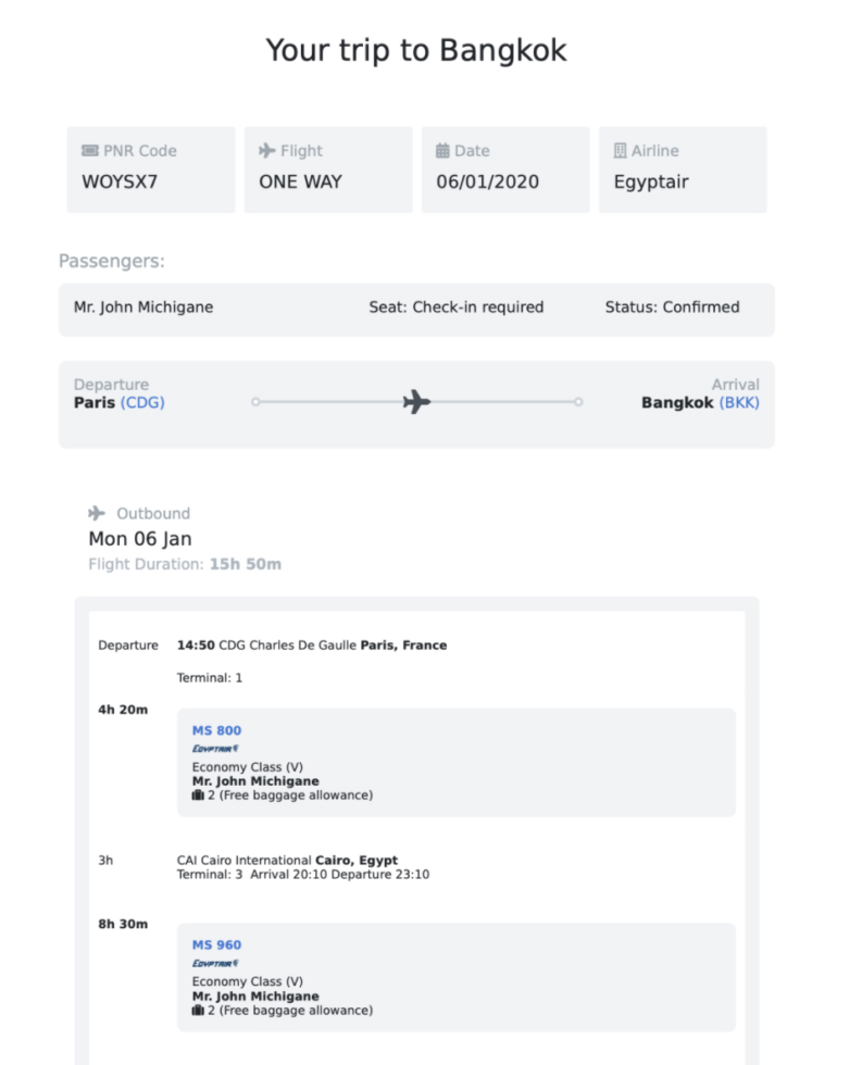 Sample Onward Ticket