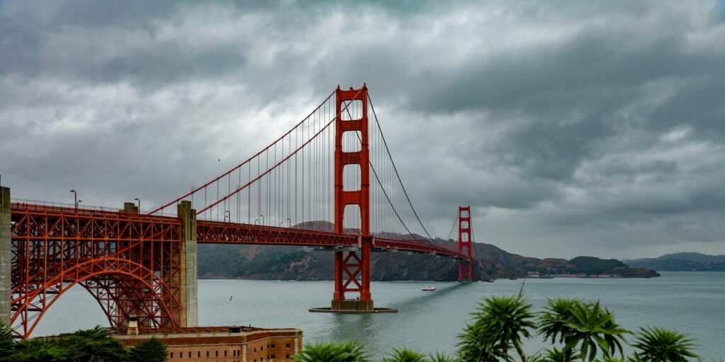 Golden Gate Bridge in USA under white and gray sky